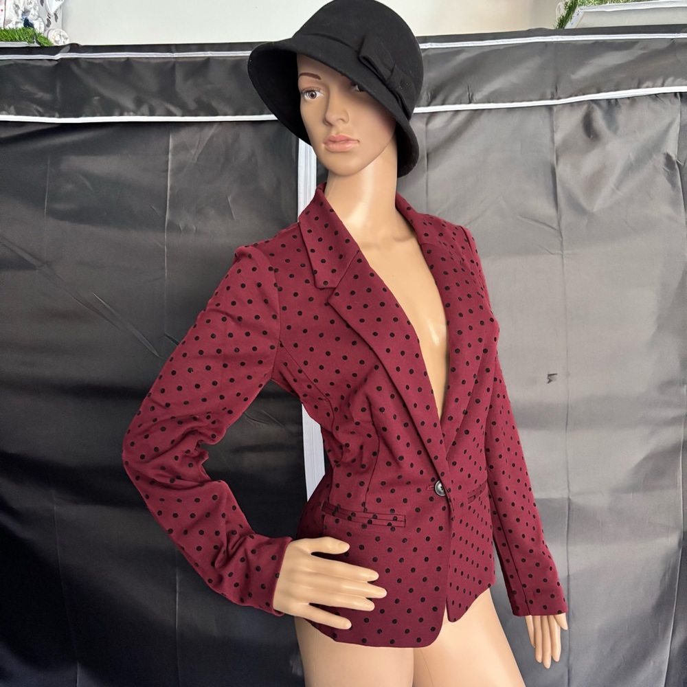 Kensie Burgundy With a Velvet Polka Dot Unique Design Pattern Blazer